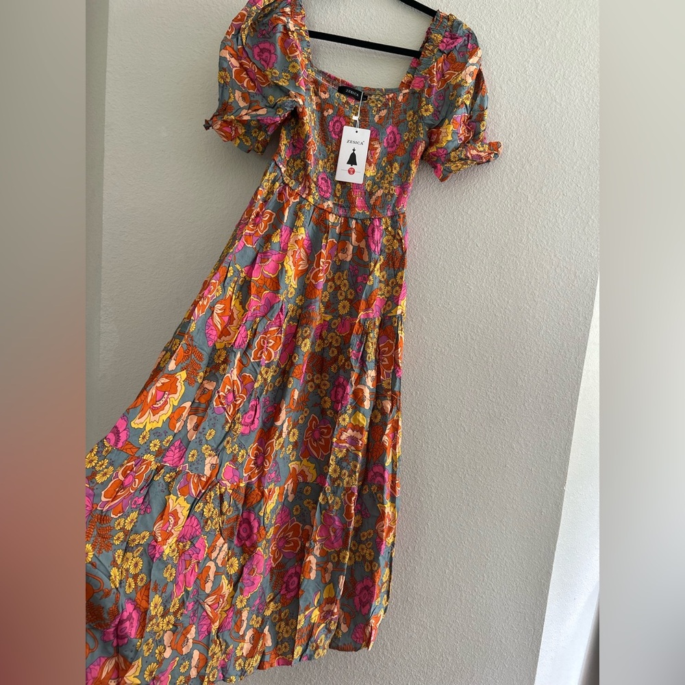 Orange and Pink Puff Sleeve boho Sundress - Picture 12 of 12